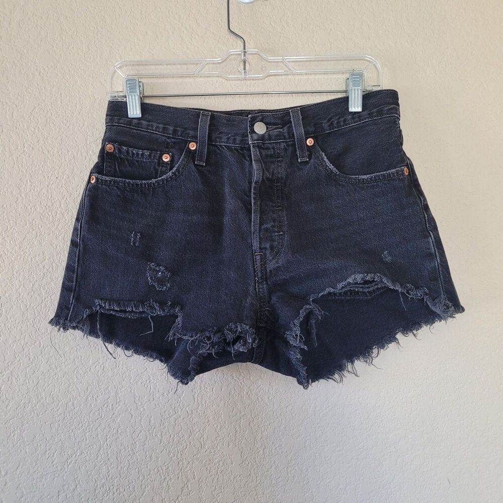 Levis Premium 501 Cut Off Jean Short 28 Black High Rise Button Fly Beach Raw Hem